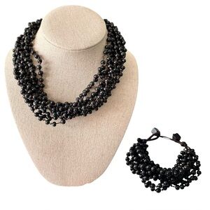 Wooden Womens Necklace & Bracelet Set Jewelry Black Boho Made In Africa